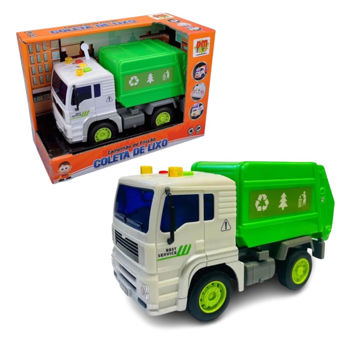 Caminhão Fricção Coleta Lixo Verde Com Som E Luz - Dm Toys Caminhão Fricção Coleta Lixo Verde Com Som E Luz - Dm Toys